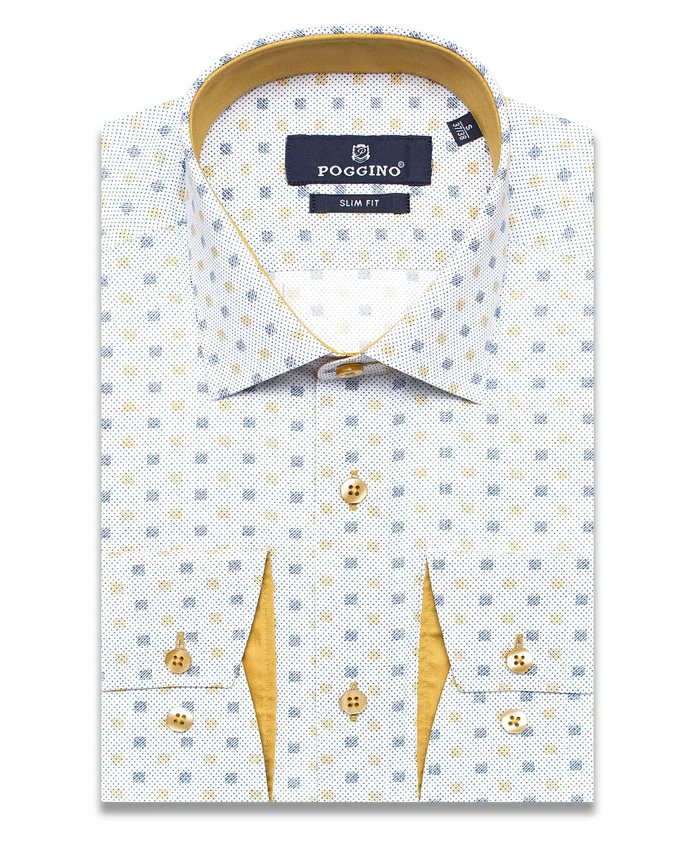Светло-серая приталенная мужская рубашка Poggino 5010-83 в квадратиках с длинными рукавами