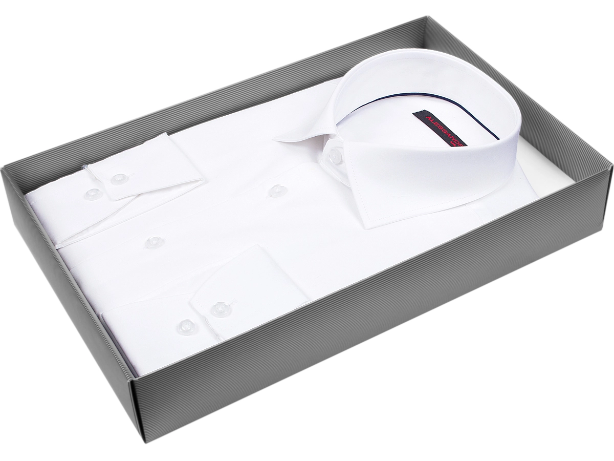 Стильная белая мужская рубашка Alessandro Milano Limited Edition 2075-20 рукав длинный силуэт приталенный стиль классический цвет белый однотонный 100% хлопок