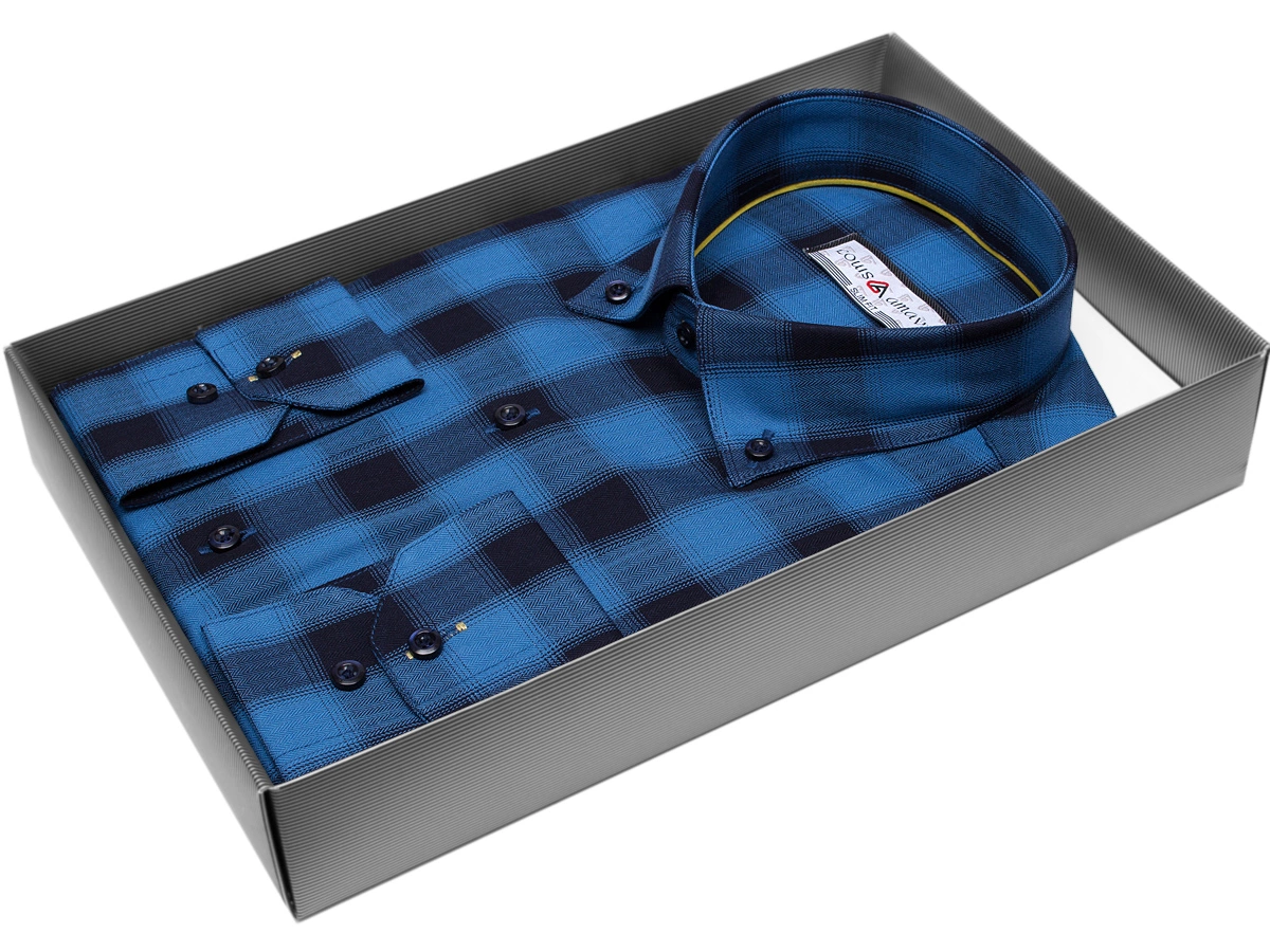 Мужская рубашка Louis Amava приталенный цвет синий в клетку купить в Москве недорого