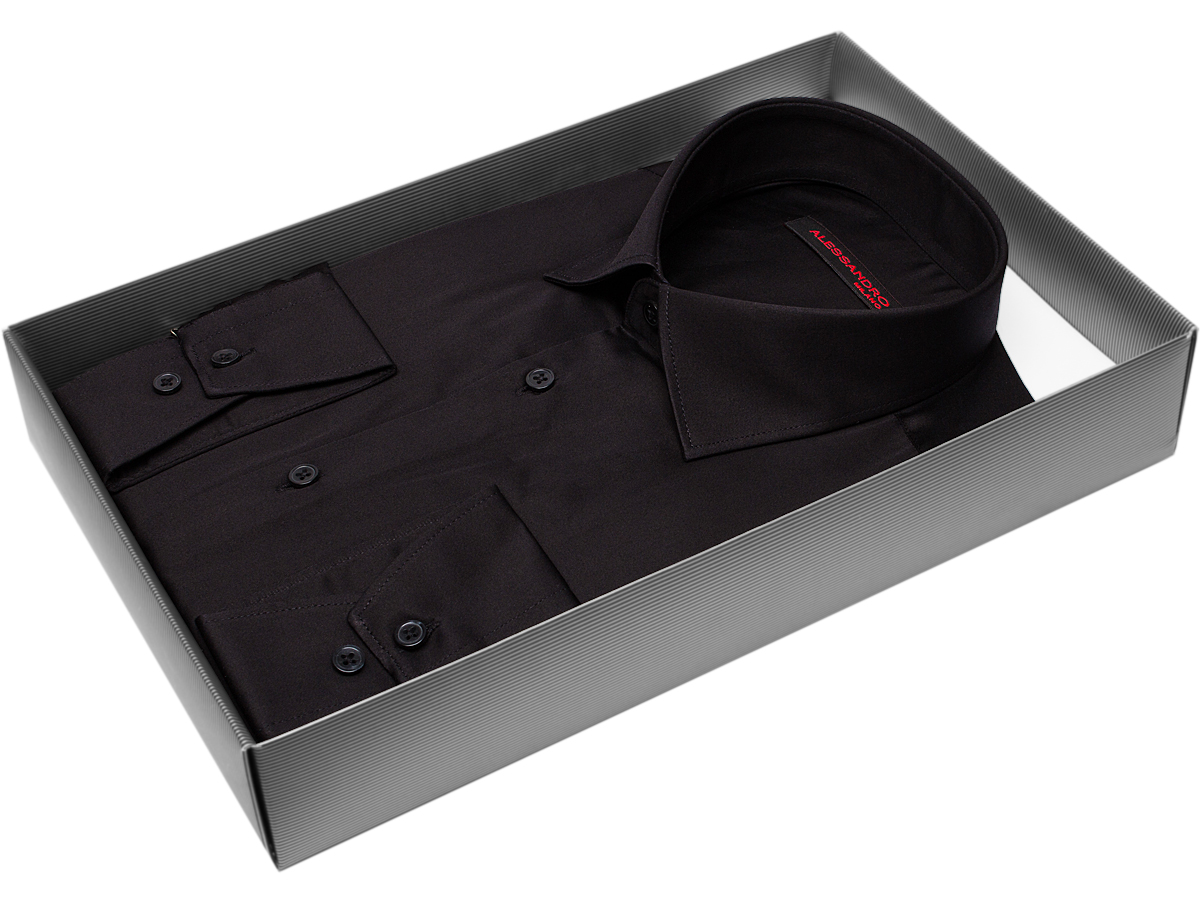 Черная приталенная мужская рубашка Alessandro Milano Limited Edition 2075-01 с длинными рукавами купить в Москве недорого
