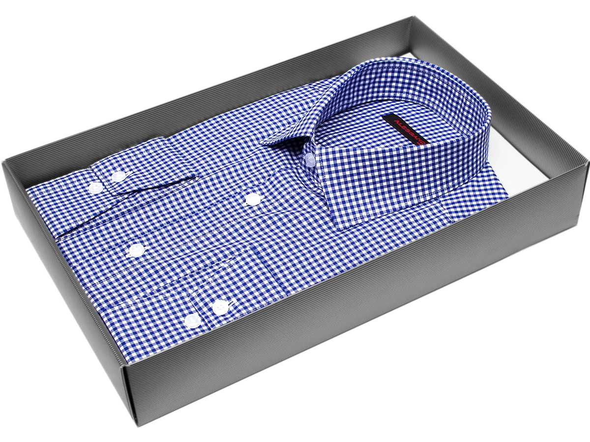 Синяя приталенная мужская рубашка Alessandro Milano Limited Edition 2075-31 в клетку с длинными рукавами купить в Москве недорого