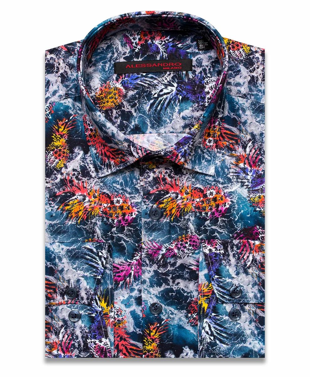 Разноцветная приталенная мужская рубашка Alessandro Milano Limited Edition 2075-27 в абстракции с длинными рукавами
