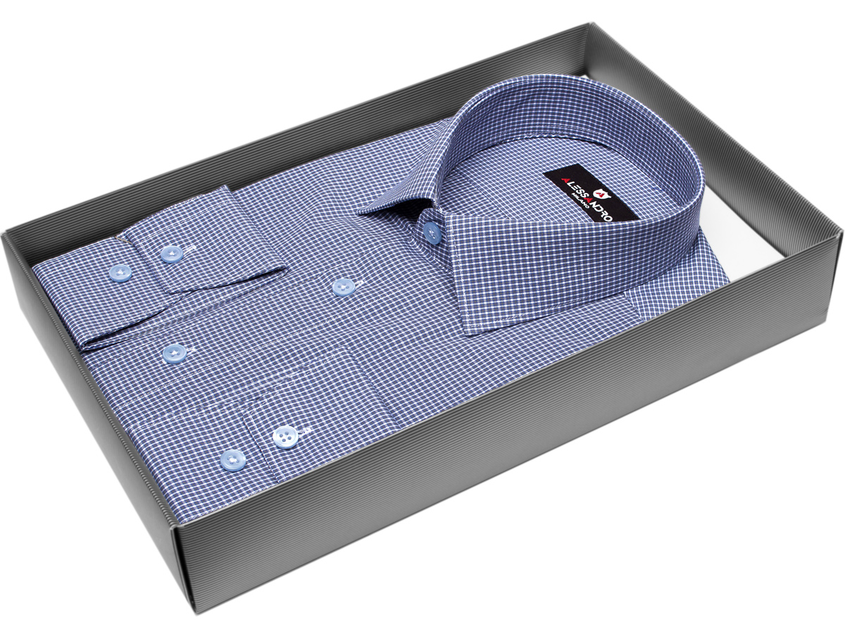 Мужская рубашка Alessandro Milano приталенный цвет серо-голубой в клетку купить в Москве недорого