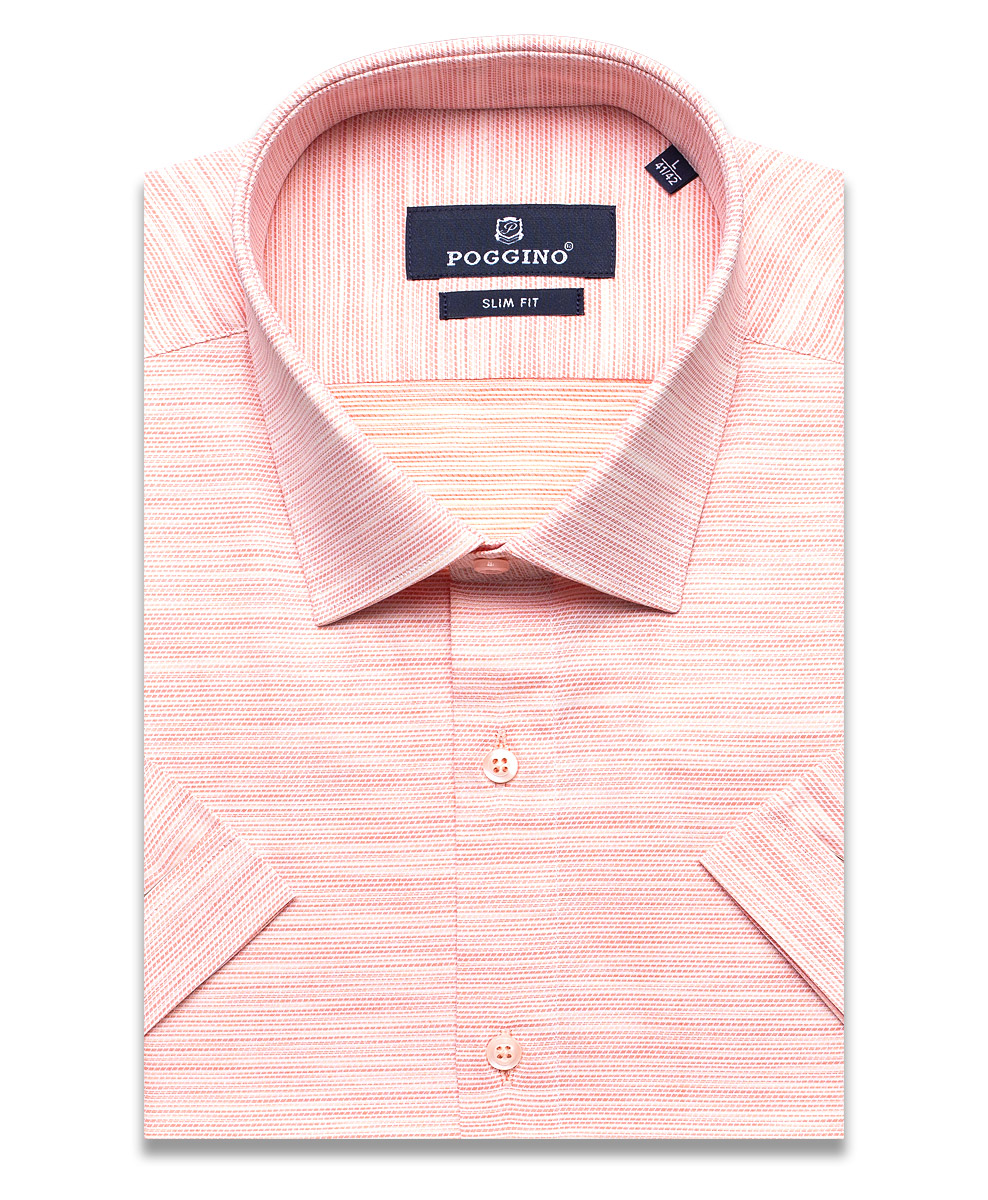 Пастельно-розовая приталенная мужская рубашка Poggino 7002-03 меланж с коротким рукавом
