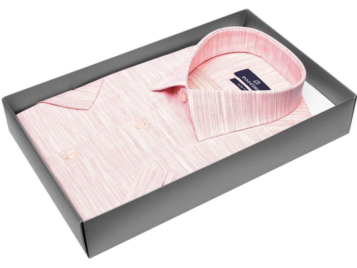 Пастельно-розовая приталенная рубашка меланж с коротким рукавом