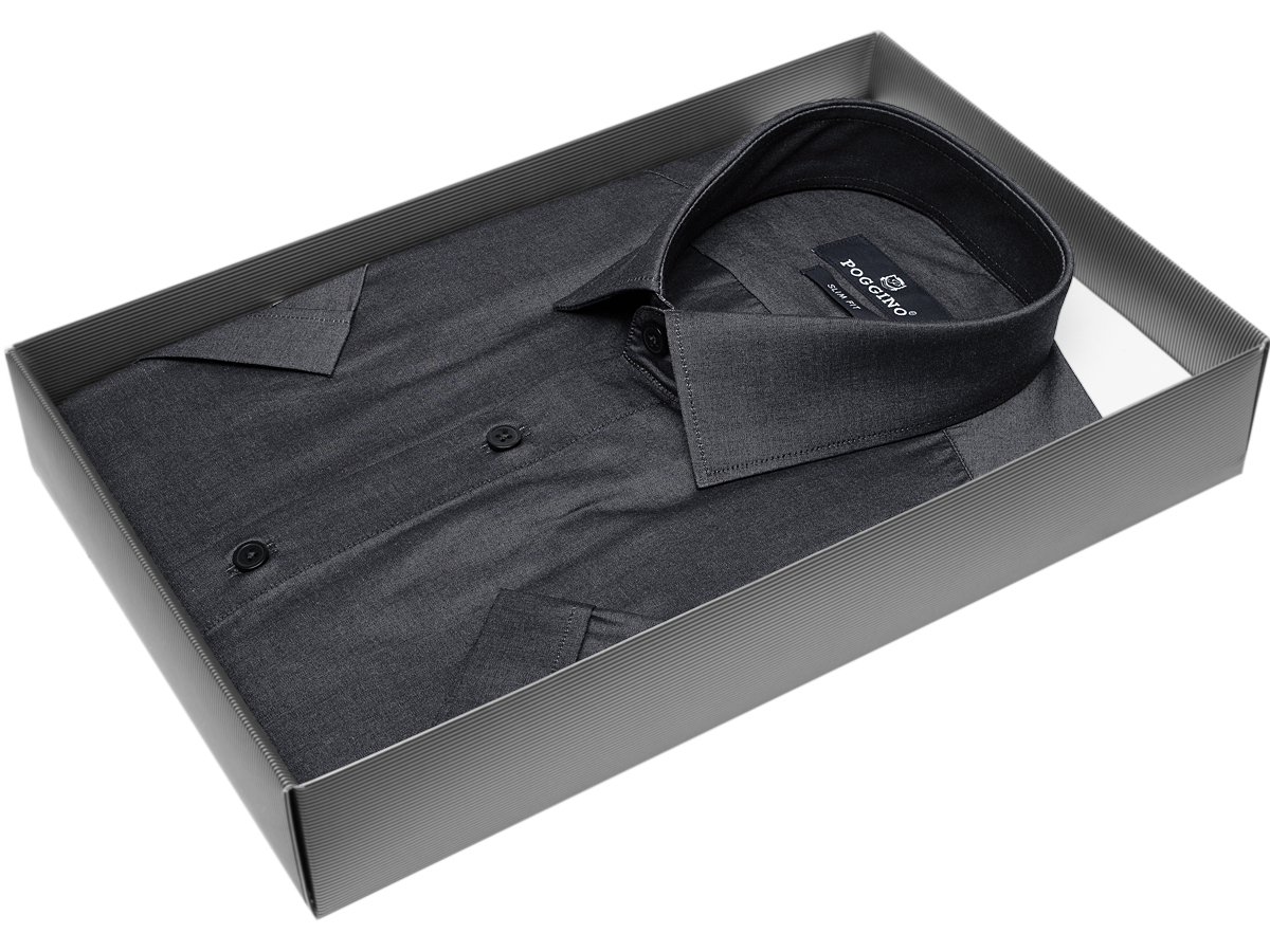 Темно-серая приталенная мужская рубашка Poggino 7002-31 с коротким рукавом купить в Москве недорого