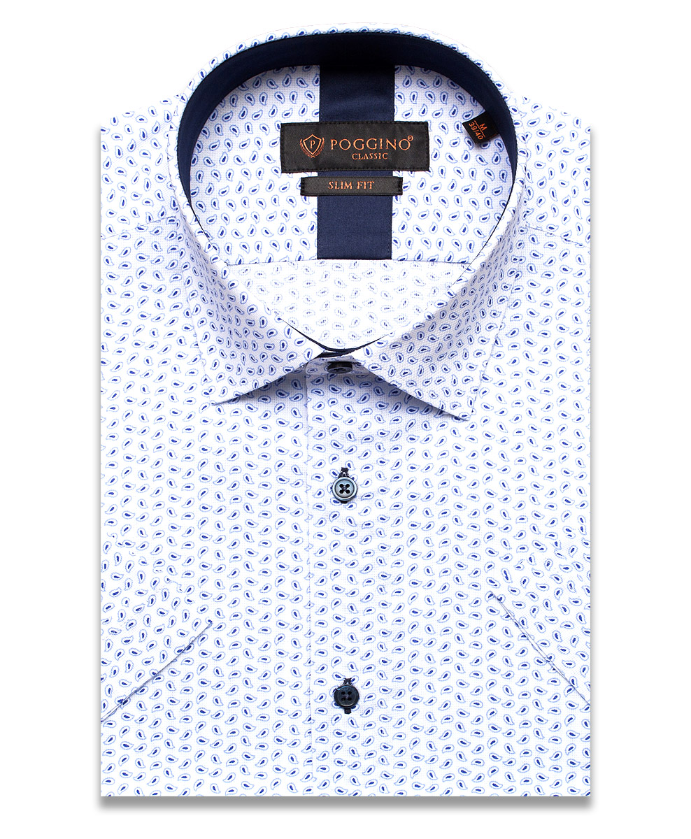 Белая приталенная мужская рубашка Poggino 7000-01 в огурчиках с коротким рукавом