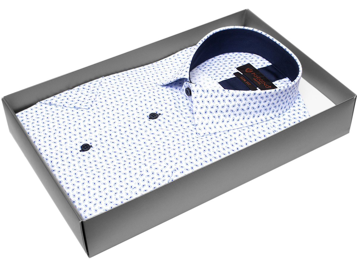 Стильная мужская рубашка Poggino 7000-01 рукав короткий силуэт приталенный стиль casual цвет белый в восточных огурцах 100% хлопок