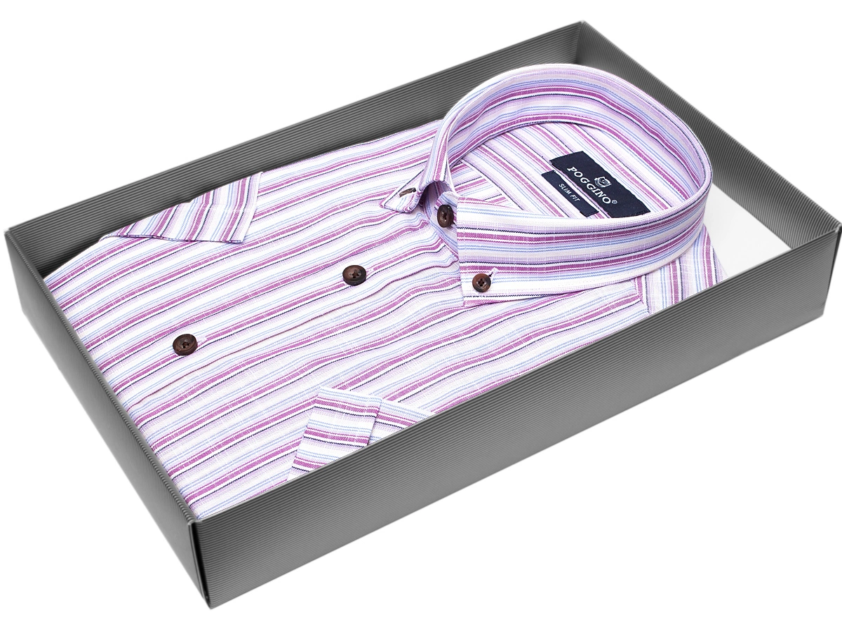Стильная мужская рубашка Poggino 7001-13 рукав короткий силуэт приталенный стиль casual цвет сиреневый в полоску 100% хлопок