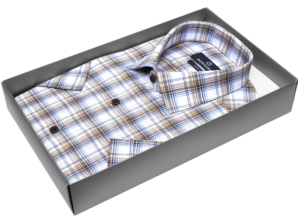 Коричневая приталенная мужская рубашка Poggino 7002-16 в клетку с коротким рукавом