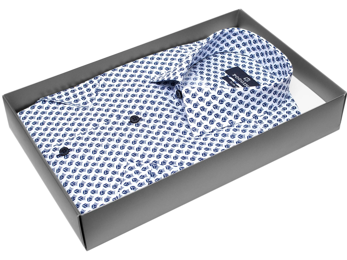 Стильная белая мужская рубашка Poggino 7002-37 рукав короткий силуэт приталенный стиль casual цвет бело синий с рисунком 100% хлопок