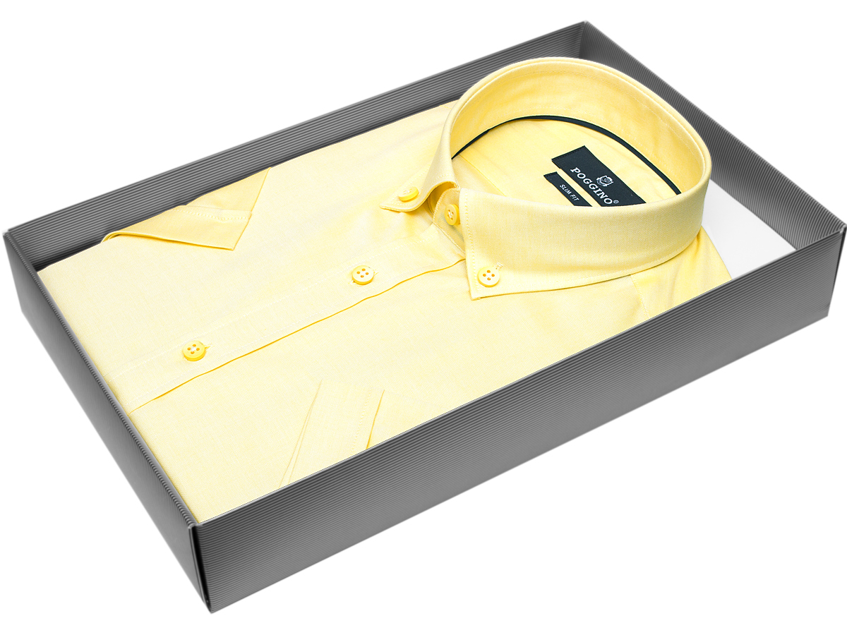 Желтая приталенная мужская рубашка Poggino 7001-39 с коротким рукавом купить в Москве недорого