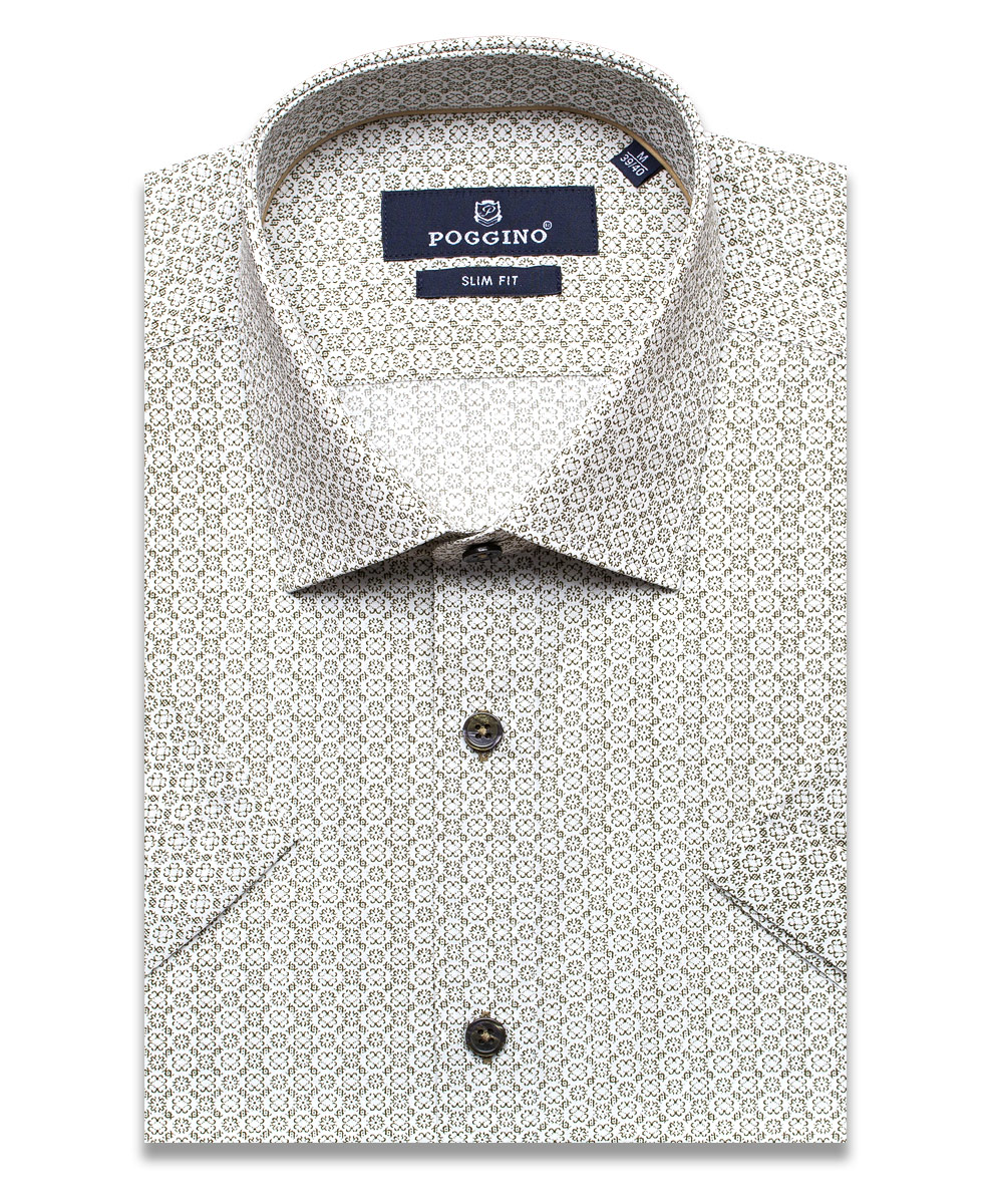 Приталенная мужская рубашка Poggino 7002-43 болотного цвета в узорах с коротким рукавом