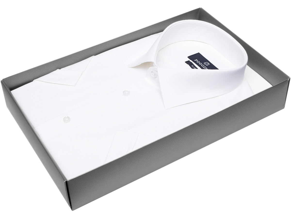 Стильная белая мужская рубашка Poggino 7002-39 рукав короткий силуэт приталенный стиль классический цвет белый однотонный 100% хлопок