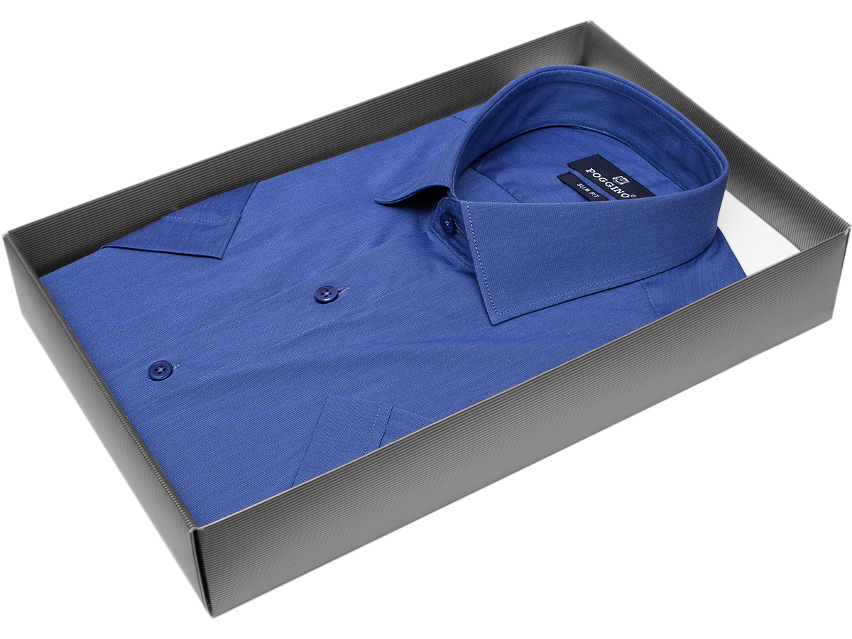 Синяя приталенная мужская рубашка Poggino 7002-04 с коротким рукавом купить в Москве недорого