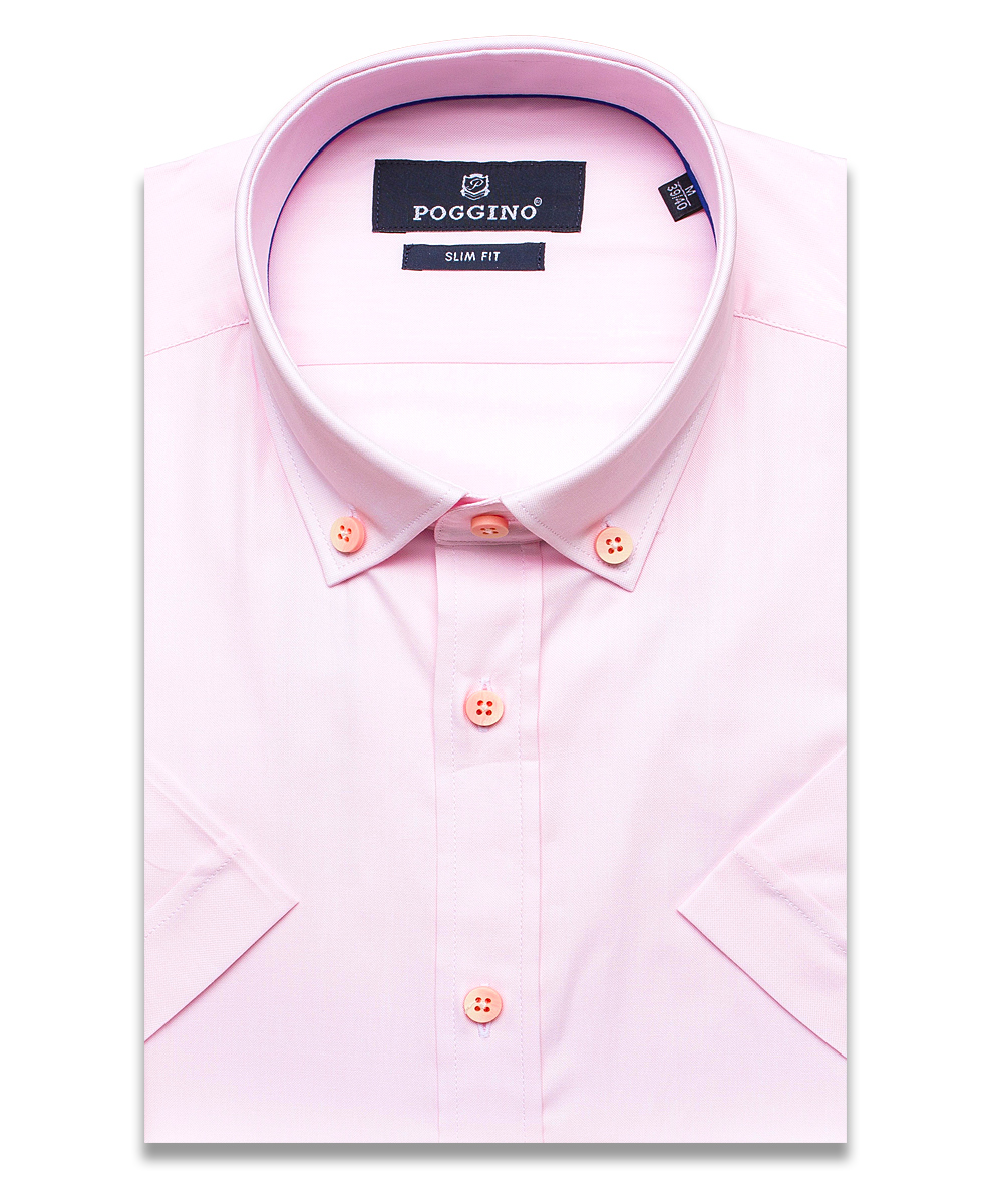 Розовая приталенная мужская рубашка Poggino 7001-41 с коротким рукавом