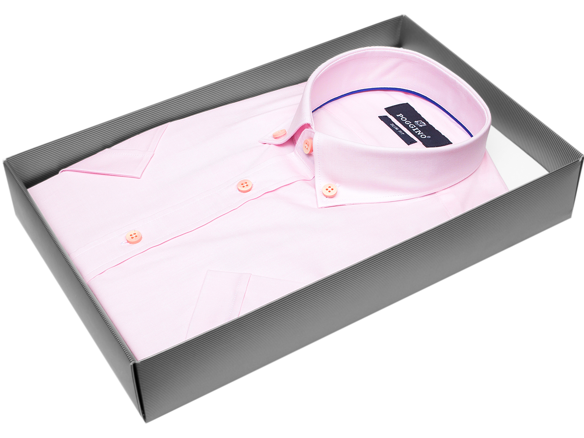 Стильная мужская рубашка Poggino 7001-41 рукав короткий силуэт приталенный стиль классический цвет розовый однотонный 100% хлопок