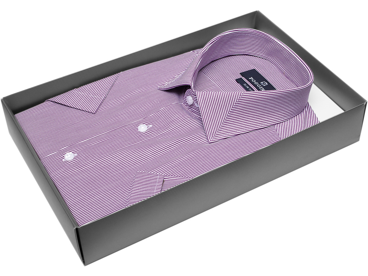 Стильная мужская рубашка Poggino 7002-49 рукав короткий силуэт приталенный стиль классический цвет бордовый в полоску 100% хлопок