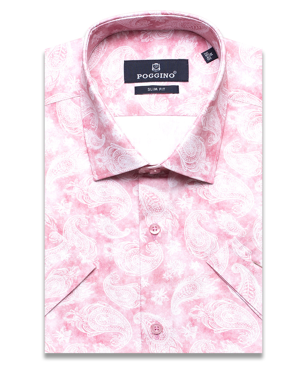 Розовая приталенная мужская рубашка Poggino 7002-22 в огурцах с коротким рукавом