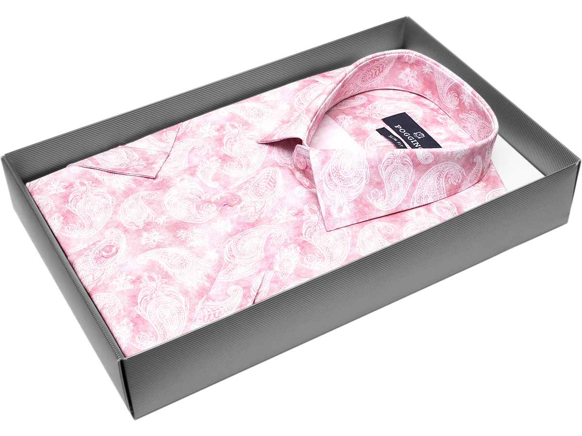 Стильная мужская рубашка Poggino 7002-22 рукав короткий силуэт приталенный стиль casual цвет розовый в восточных огурцах 100% хлопок