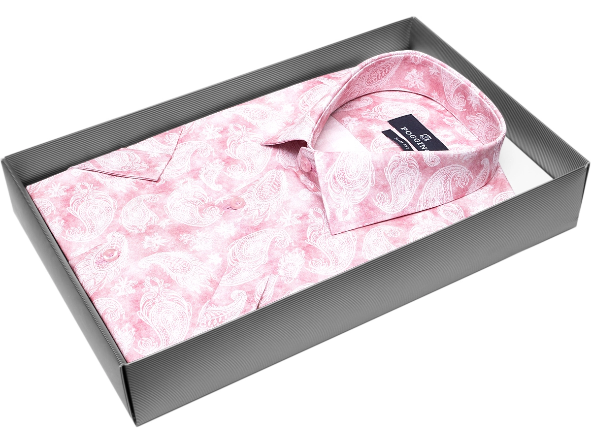 Розовая приталенная мужская рубашка Poggino 7002-22 в огурцах с коротким рукавом купить в Москве недорого