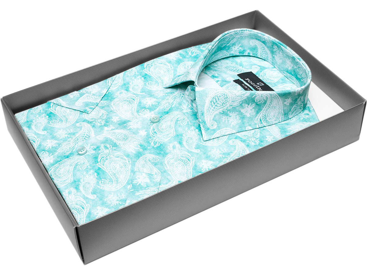 Стильная мужская рубашка Poggino 7002-21 рукав короткий силуэт приталенный стиль casual цвет бирюзовый в восточных огурцах 100% хлопок