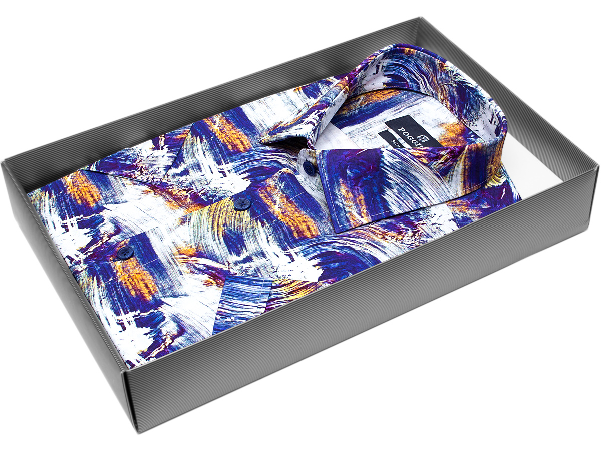 Разноцветная приталенная мужская рубашка Poggino 7002-18 в абстракции с коротким рукавом купить в Москве недорого