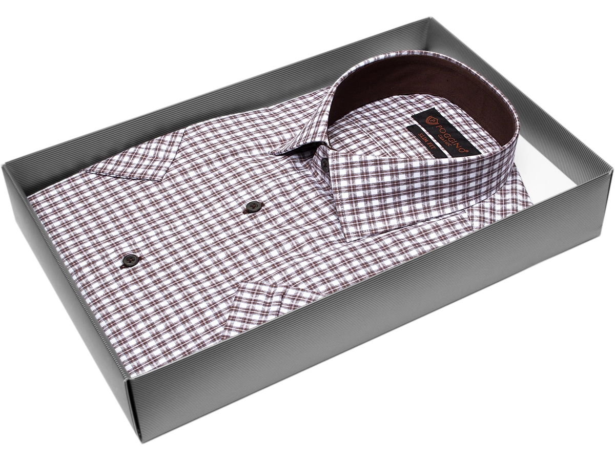 Стильная мужская рубашка Poggino 7000-23 рукав короткий силуэт приталенный стиль классический цвет коричневый в клетку 100% хлопок