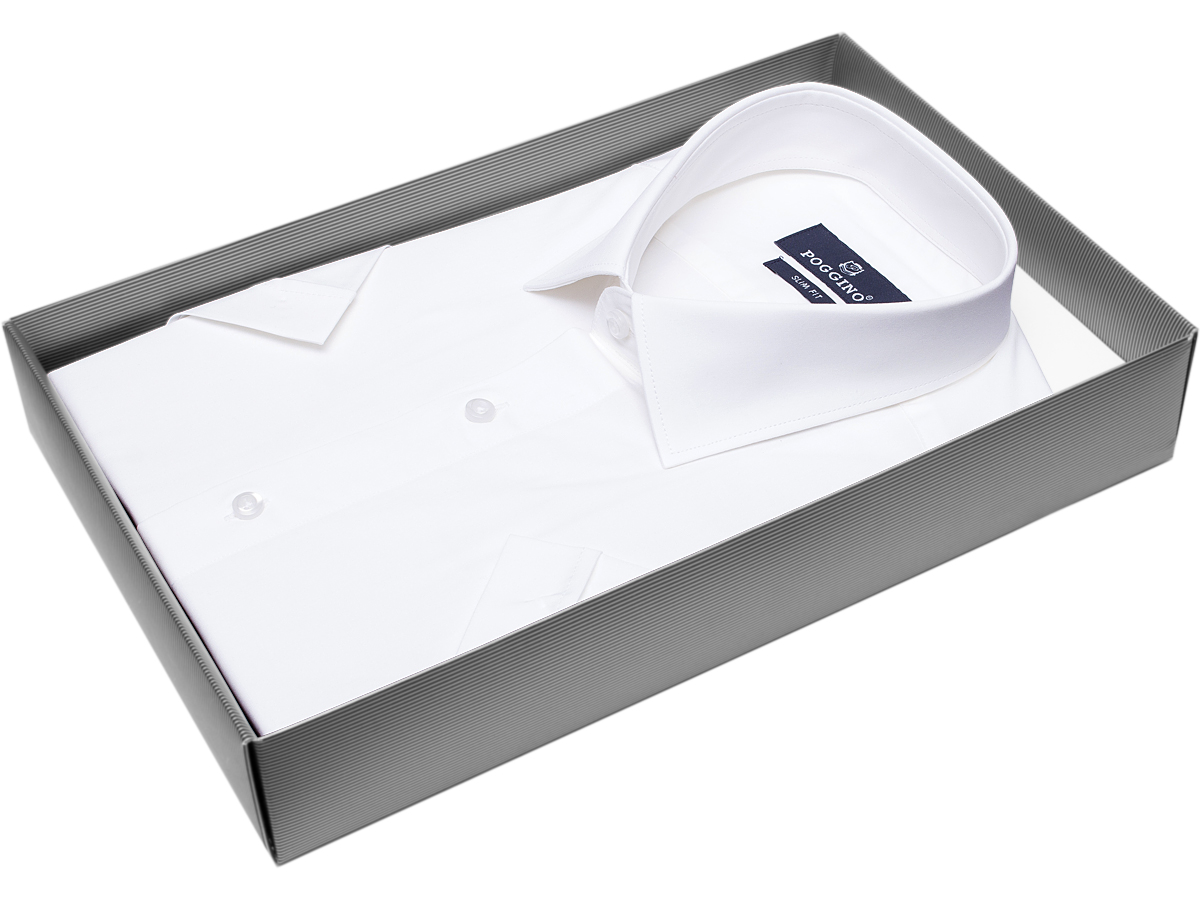 Стильная мужская рубашка Poggino 7002-34 рукав короткий силуэт приталенный стиль классический цвет белый однотонный 100% хлопок