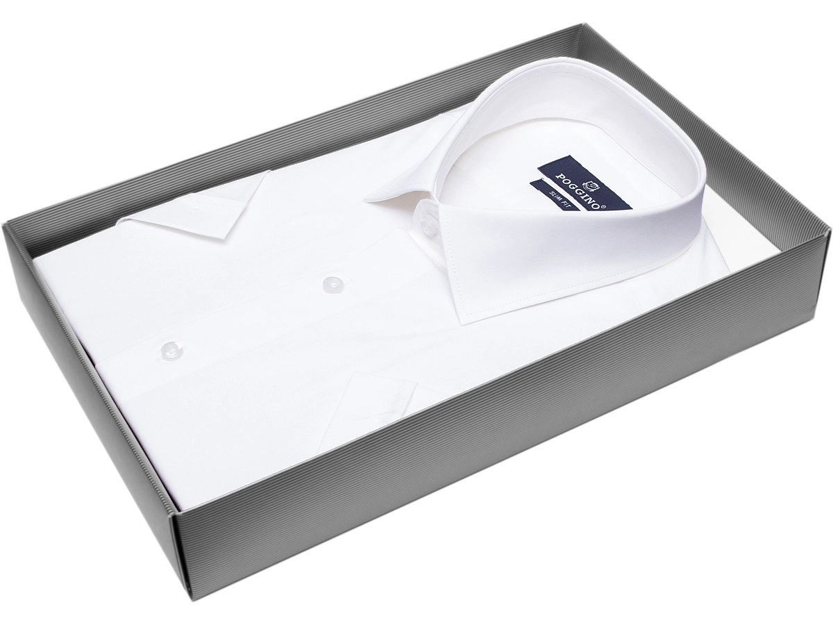 Стильная белая мужская рубашка Poggino 7002-34 рукав короткий силуэт приталенный стиль классический цвет белый однотонный 100% хлопок