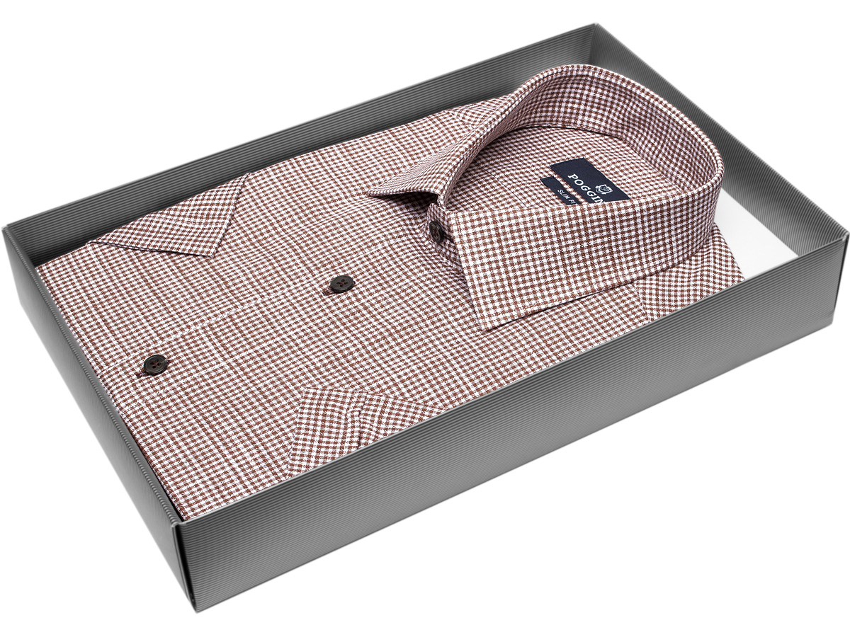 Коричневая приталенная мужская рубашка Poggino 7002-36 в клетку с коротким рукавом купить в Москве недорого