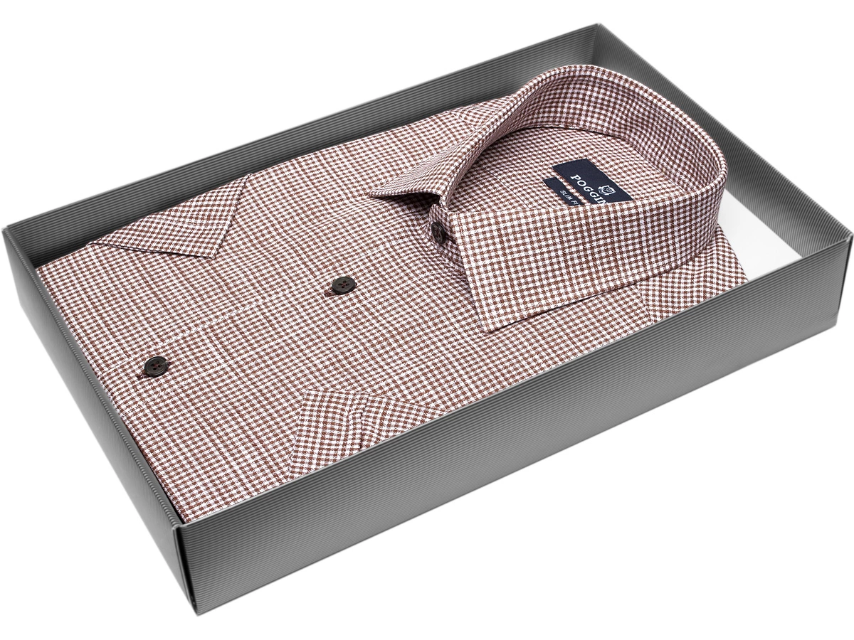 Стильная мужская рубашка Poggino 7002-36 рукав короткий силуэт приталенный стиль классический цвет коричневый в клетку 100% хлопок