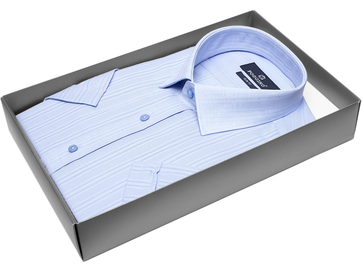 Голубая приталенная мужская рубашка Poggino 7001-23 в полоску с коротким рукавом купить в Москве недорого