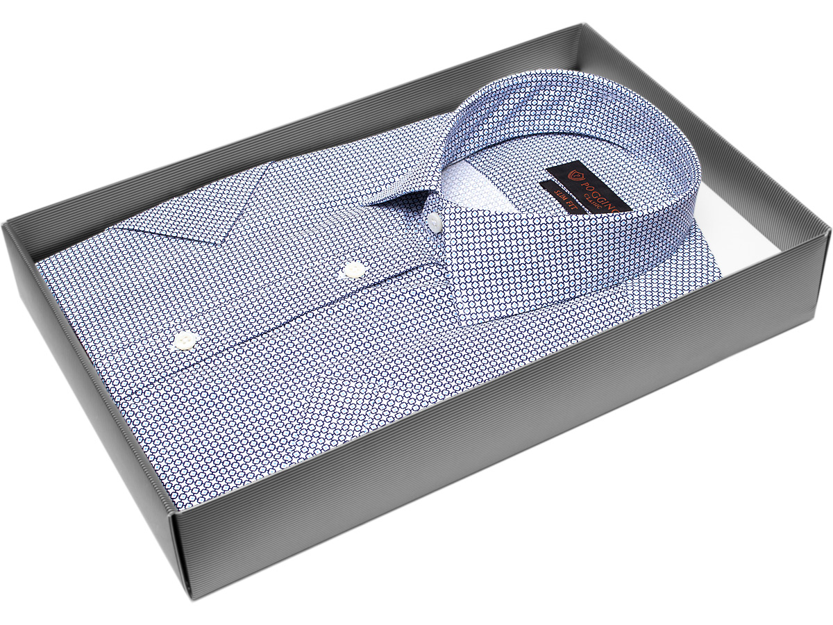 Синяя приталенная мужская рубашка Poggino 7000-33 в ромбах с коротким рукавом купить в Москве недорого