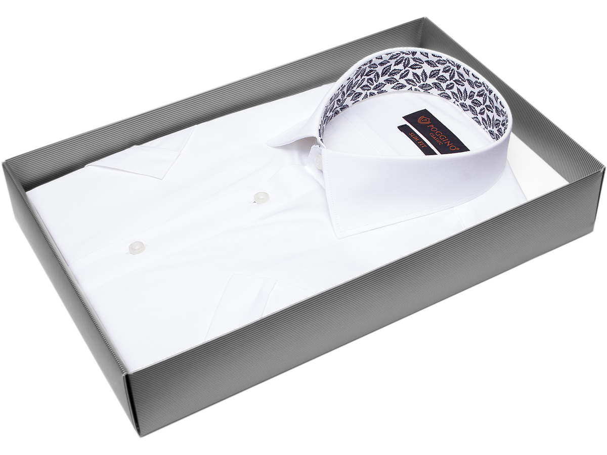 Белая приталенная мужская рубашка Poggino 7000-27 с коротким рукавом купить в Москве недорого