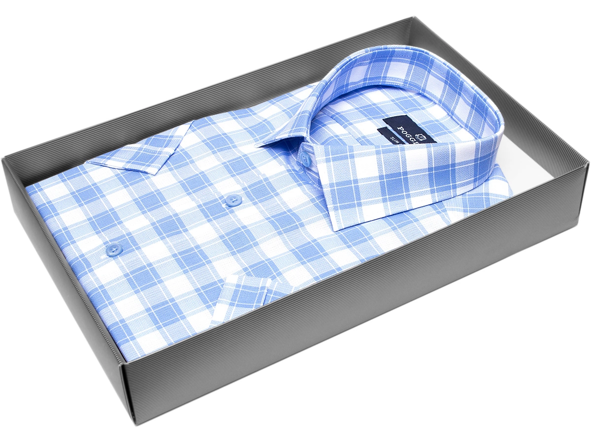 Стильная мужская рубашка Poggino 7002-11 рукав короткий силуэт приталенный стиль классический цвет синий в клетку 100% хлопок