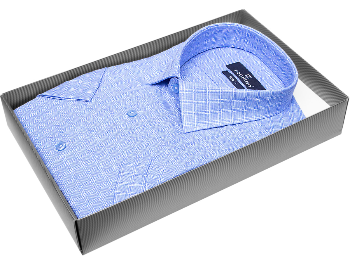 Синяя приталенная мужская рубашка Poggino 7003-29 в клетку с коротким рукавом купить в Москве недорого