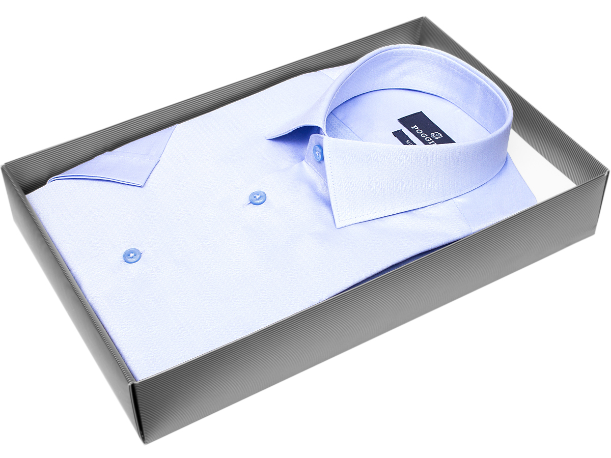 Голубая приталенная мужская рубашка Poggino 7003-43 с коротким рукавом