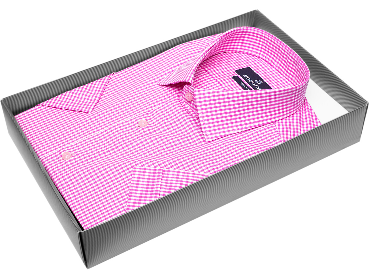 Розовая приталенная мужская рубашка Poggino 7002-24 в клетку с коротким рукавом