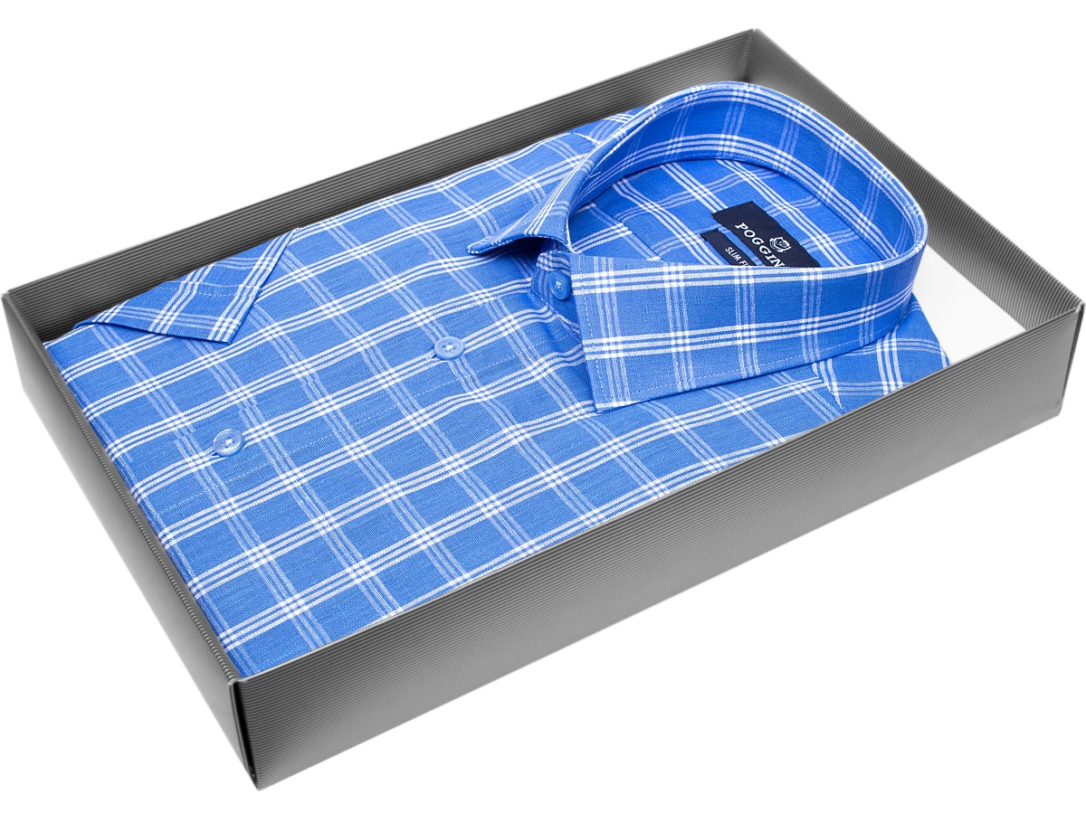 Синяя приталенная мужская рубашка Poggino 7003-39 в клетку с коротким рукавом купить в Москве недорого