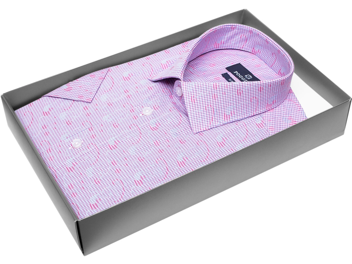 Стильная мужская рубашка Poggino 7003-12 рукав короткий силуэт приталенный стиль casual цвет сиреневый в клетку 100% хлопок