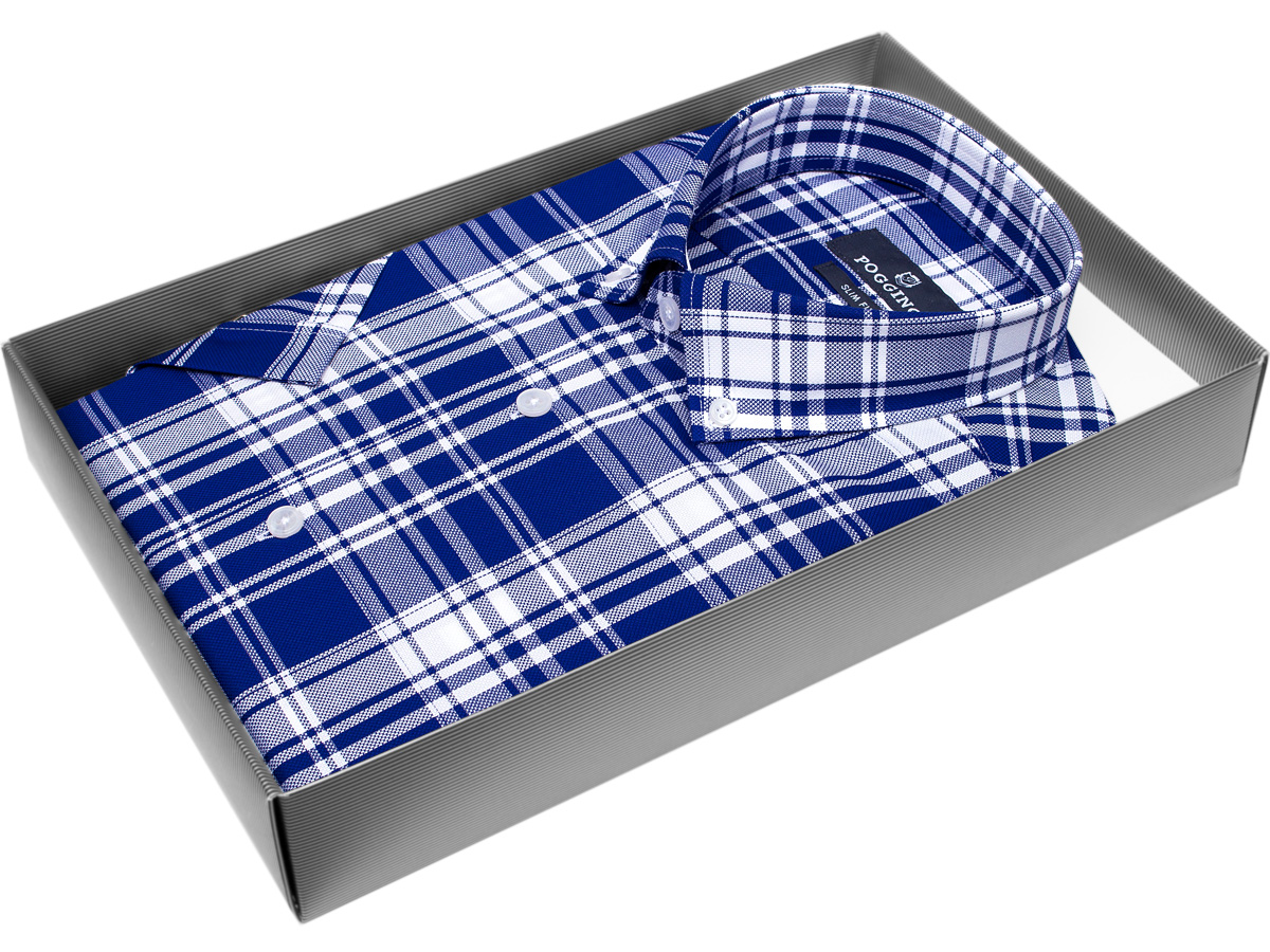 Стильная мужская рубашка Poggino 7003-64 рукав короткий силуэт приталенный стиль casual цвет синий в клетку 100% хлопок