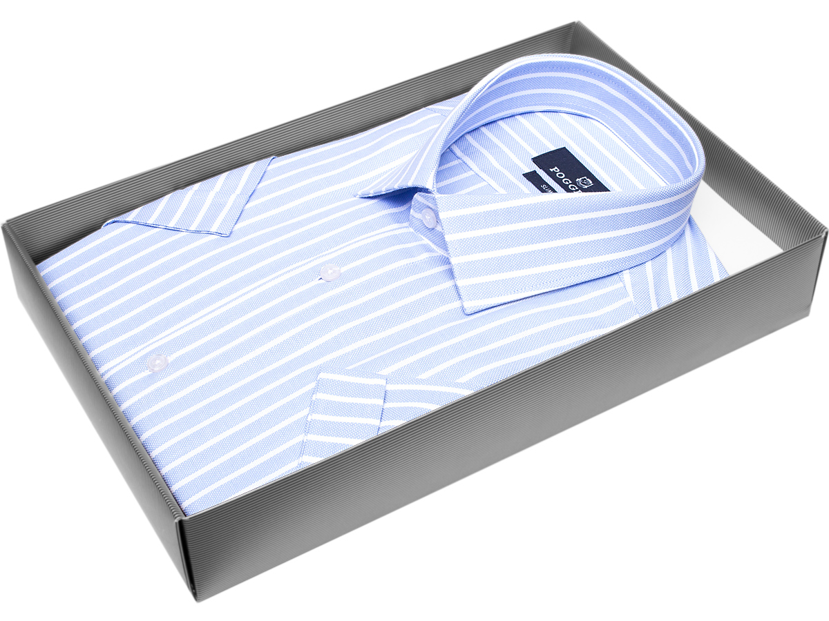 Голубая приталенная мужская рубашка Poggino 7003-26 в полоску с коротким рукавом купить в Москве недорого