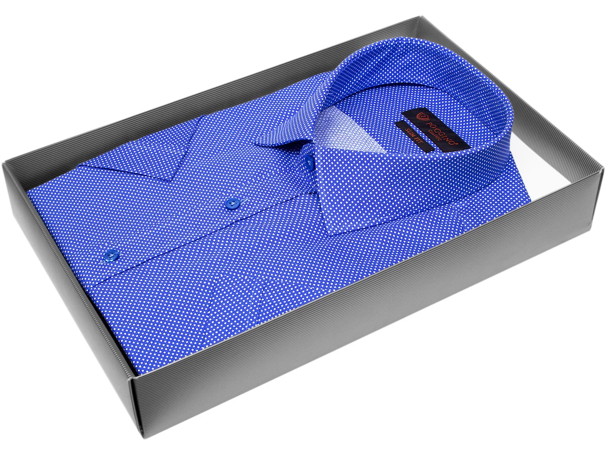 Стильная мужская рубашка Poggino 7000-25 рукав короткий силуэт приталенный стиль классический цвет синий в горошек 100% хлопок