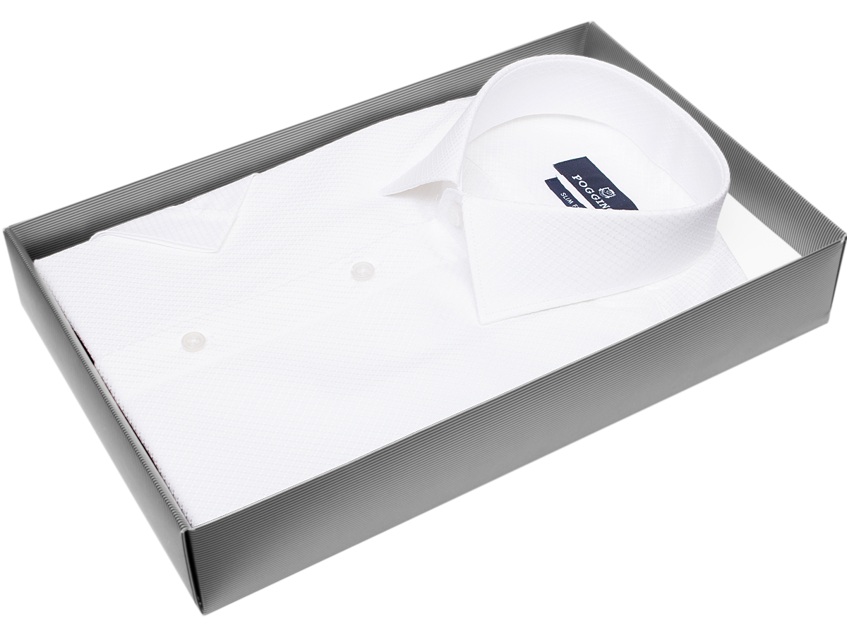 Белая приталенная мужская рубашка Poggino 7003-02 с коротким рукавом купить в Москве недорого