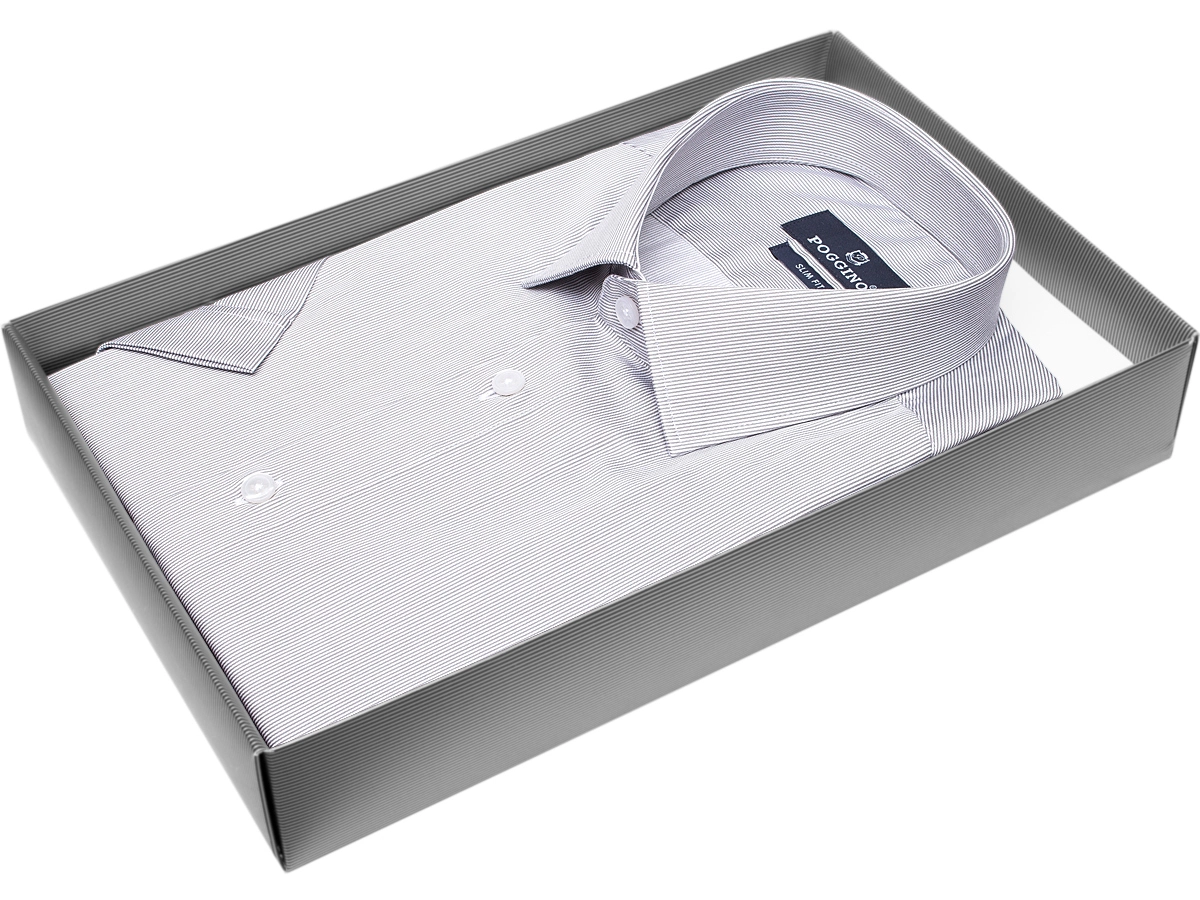 Стильная мужская рубашка Poggino 7003-30 рукав короткий силуэт приталенный стиль классический цвет серый в полоску 100% хлопок