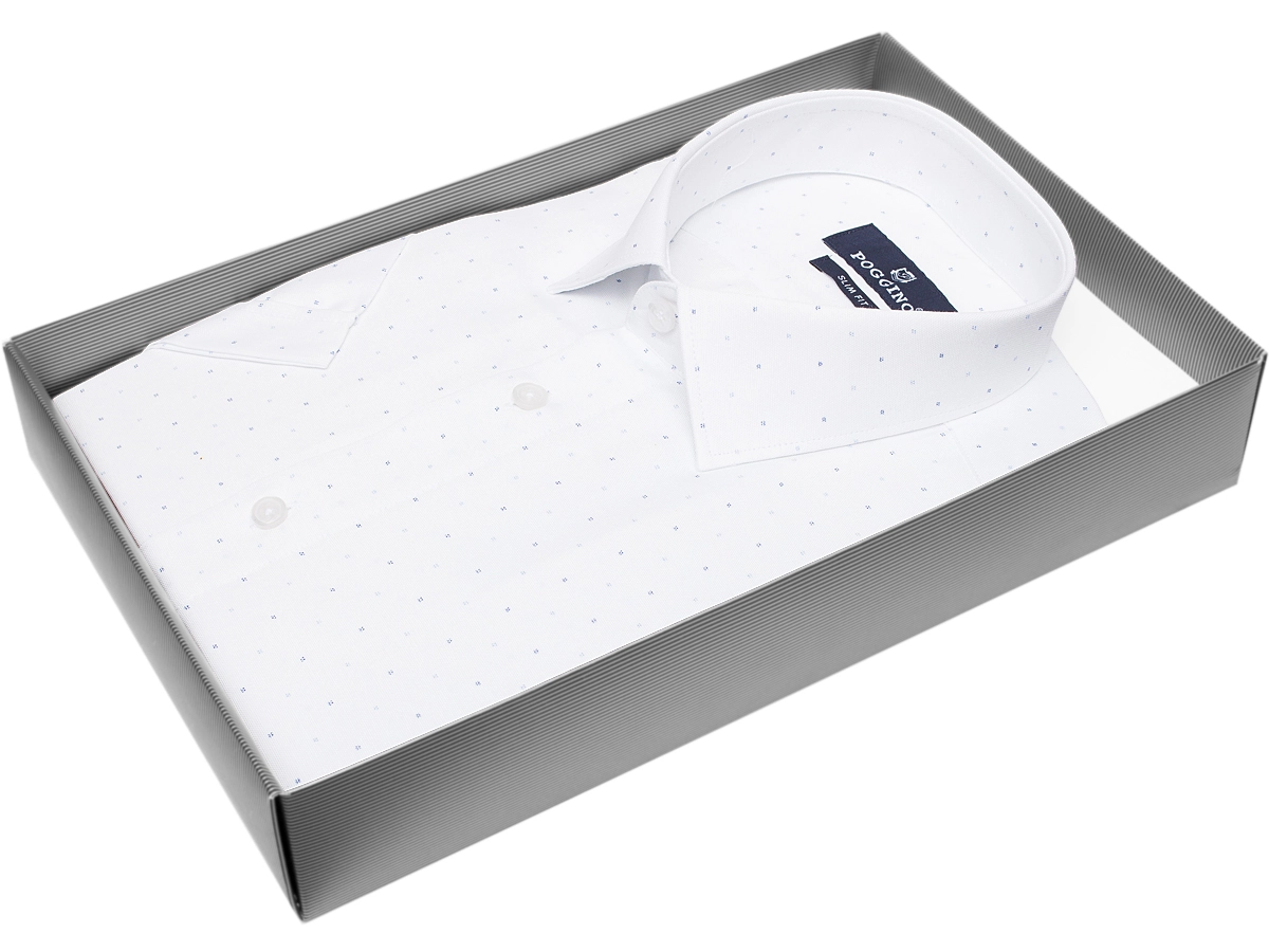 Белая приталенная мужская рубашка Poggino 7003-59 в горошек с коротким рукавом купить в Москве недорого