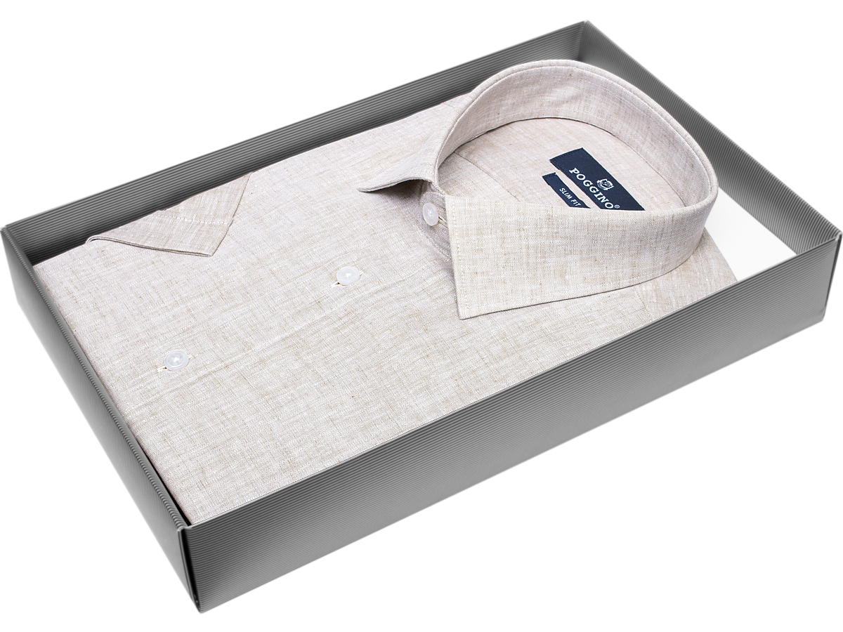 Бежевая приталенная мужская рубашка Poggino 7003-23 меланж с коротким рукавом купить в Москве недорого
