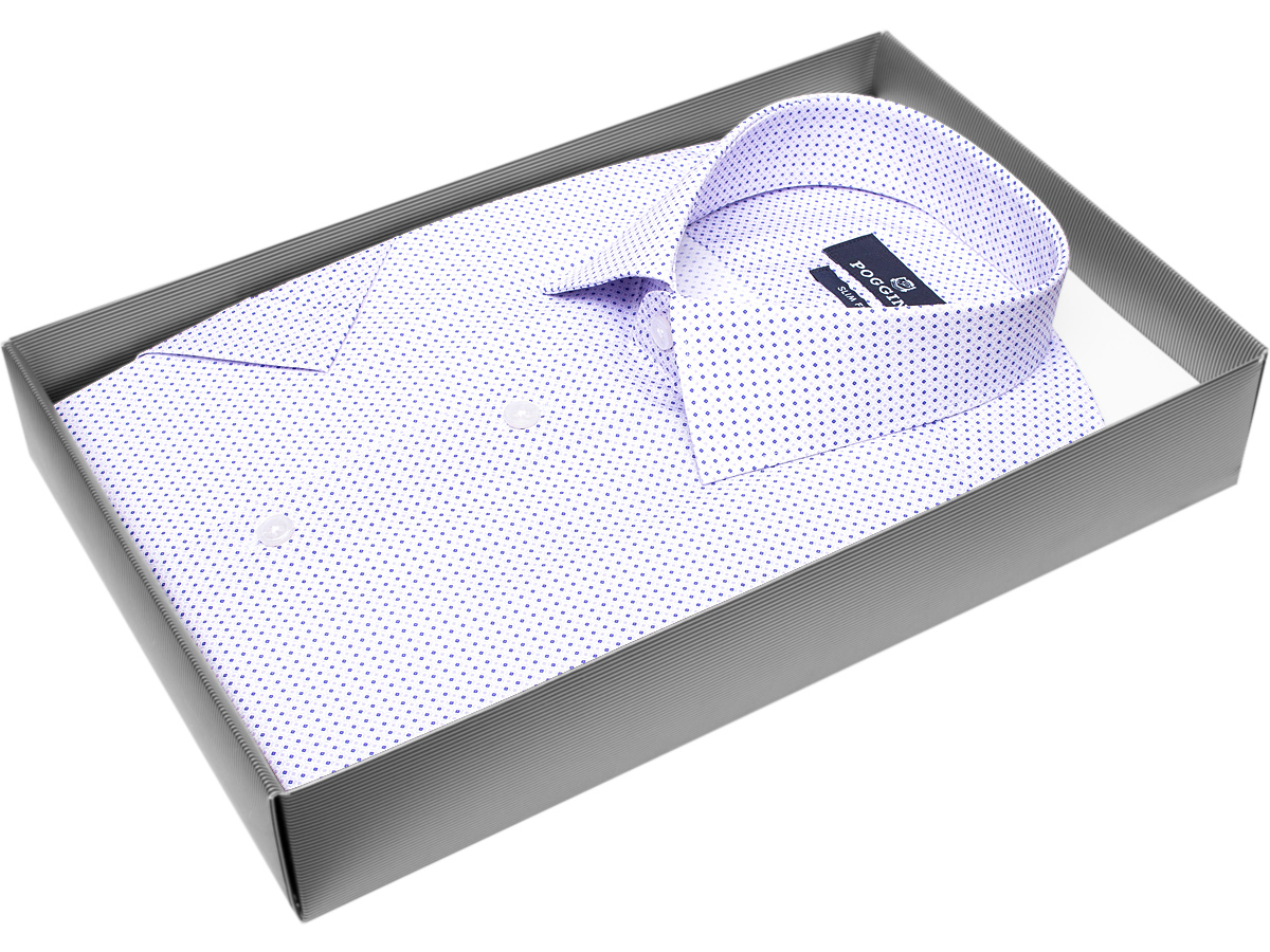Светло-сиреневая приталенная мужская рубашка Poggino 7003-21 в горошек с коротким рукавом купить в Москве недорого