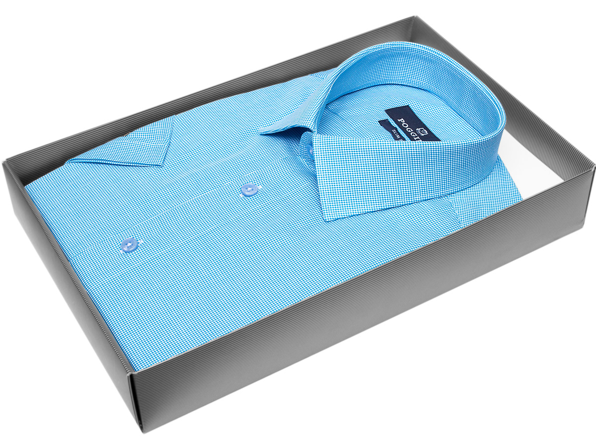 Бирюзовая приталенная мужская рубашка Poggino 7003-44 в клетку с коротким рукавом купить в Москве недорого